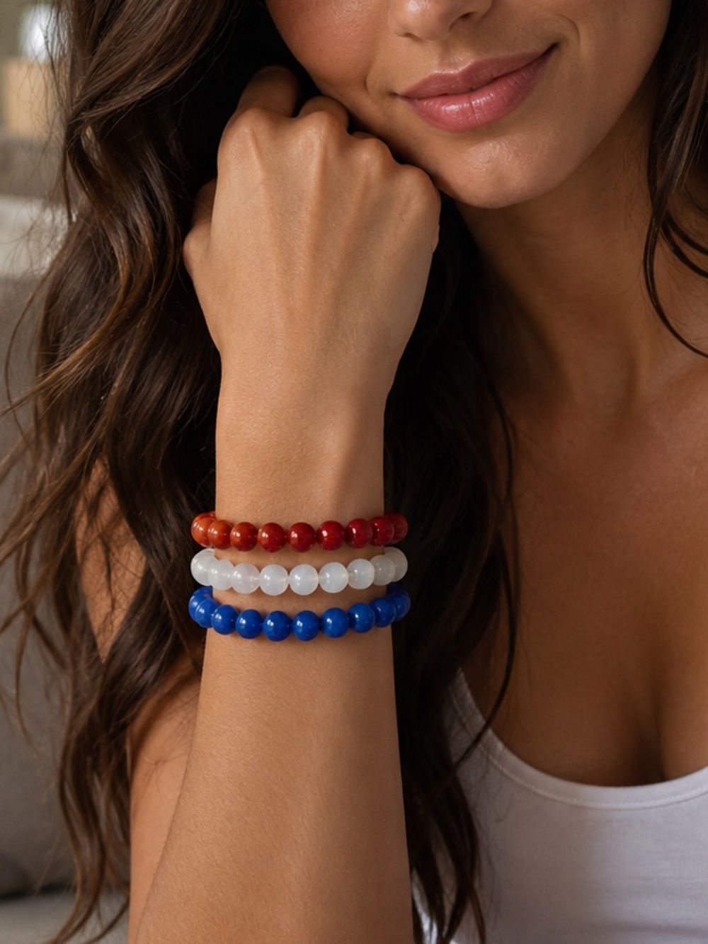 Stackable Red, White & Blue Glass Beads Stretch Bracelets - 10mm glass beads